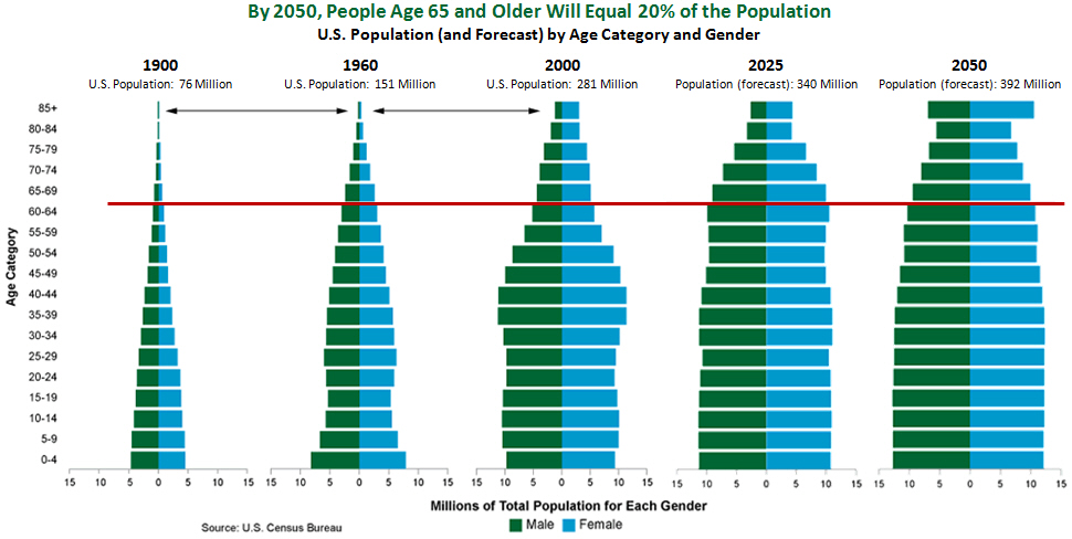 U.S. Census age distribution data shows that increasing life expectancy affected the size of the bars for both males and females. In 1900, only about 200,000 people made it to age 85, but by 2050, 17-18 million people will be 85 and older. That represents about 4.5% of the total population, and people age 65 and older will equal 20% of the population. 
