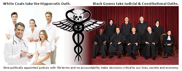 The image contrasts Doctors in white coats who take the Hippocratic oath, are licensed, and can be sued, with the nine politically appointed Supreme Court justices in black gowns who take Judicial and Constitutional oaths but have lifetime terms with no accountability.
