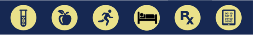 Health icons represent different aspects of wellness, including biology research, nutrition, exercise, prescription drugs, and medical records and data sharing.