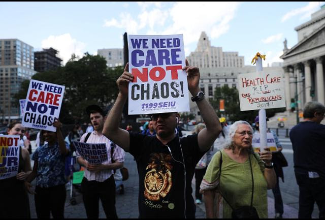 Trumpcare protesters say, "We need Care, not Chaos."